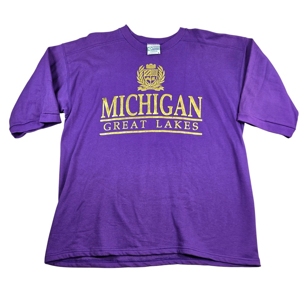 Vintage 1991 Michigan Great Lakes Sweatshirt Men Large Purple Gold Short‎ Sleeve